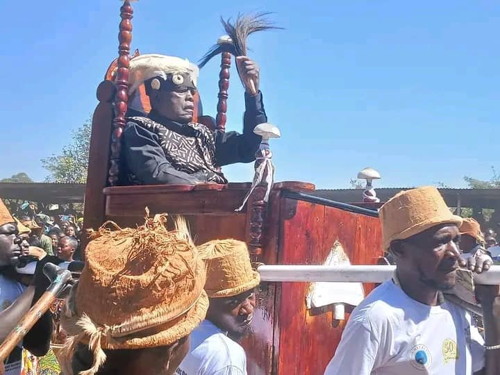The Chief raising the fly-whisk from the palanquin